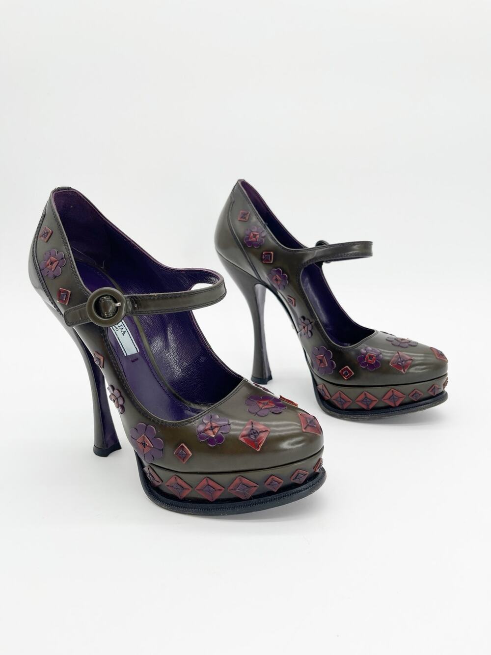 Prada Fall 2012 Green Floral Applique Mary Jane Chunky Platform Heels IT 37.5